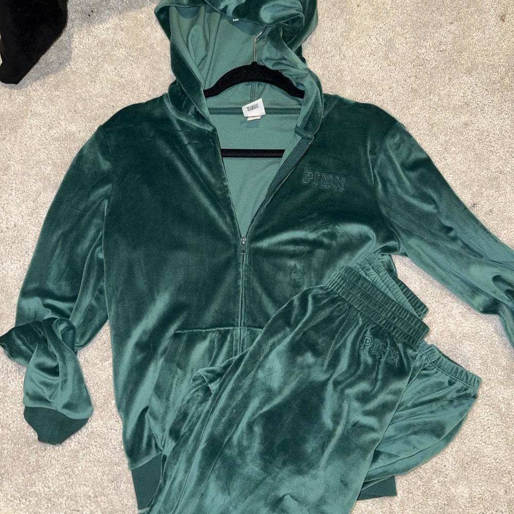 PINK Victoria's Secret Teal Velour Hoodie And Joggers